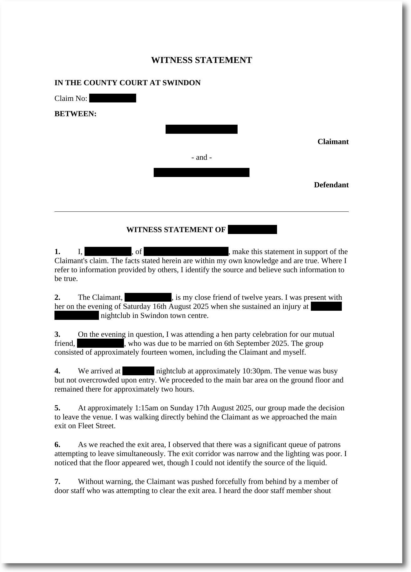 Sample witness statement drafted by ClearDraft - redacted for client confidentiality